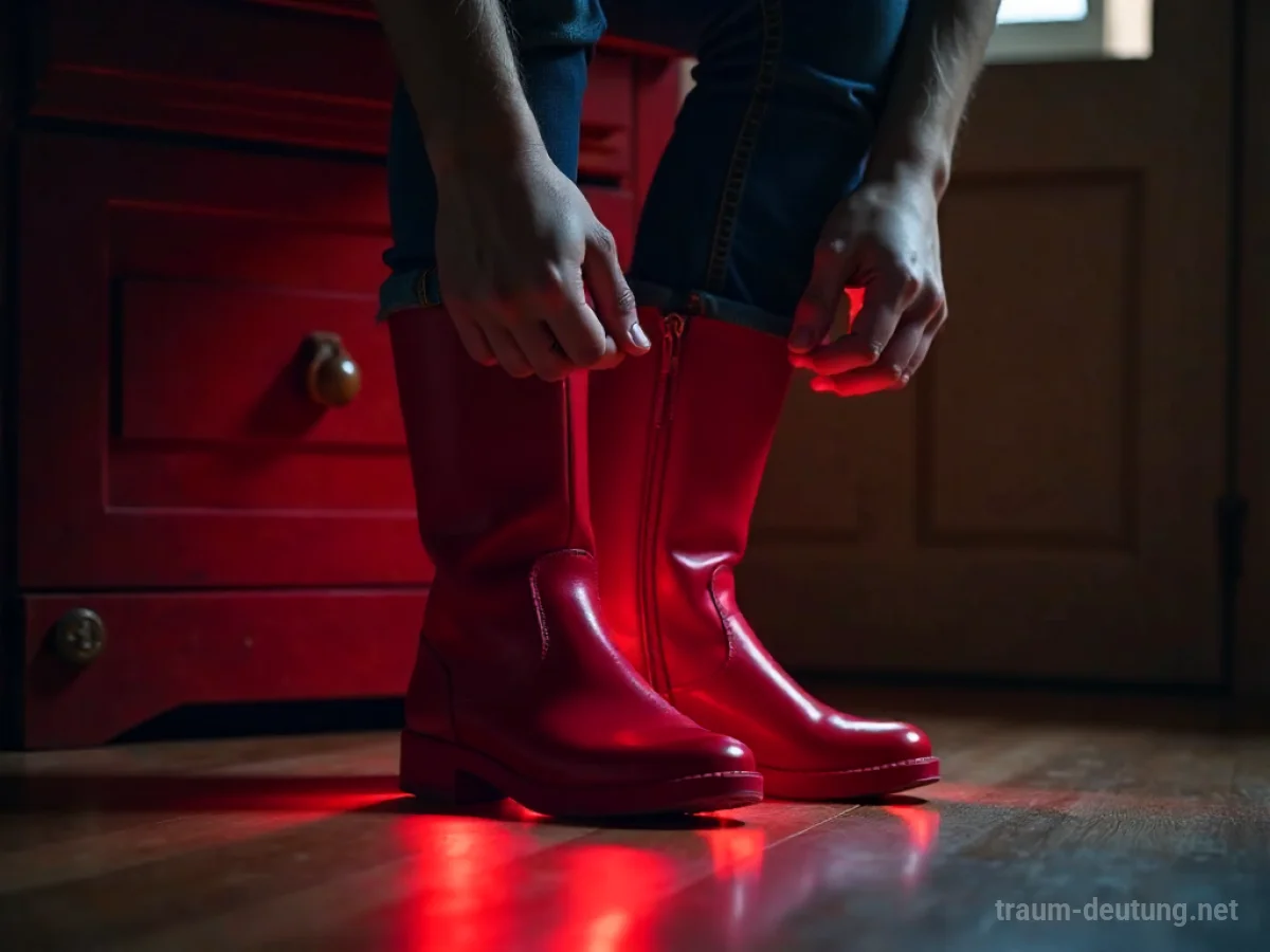 Person zieht rote Stiefel an