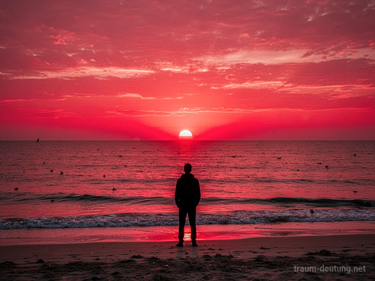 Roter Sonnenuntergang am Meer mit einer Silhouette einer Person am Strand.