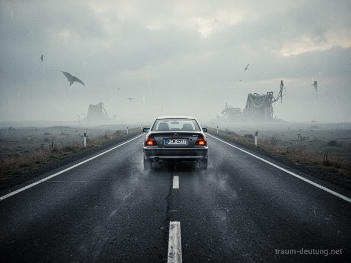 Ein Auto fährt rückwärts auf einer leeren Straße in Richtung eines nebligen Horizonts.