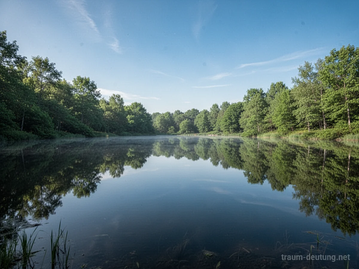 Ein spiegelglatter, ruhiger See unter blauem Himmel.