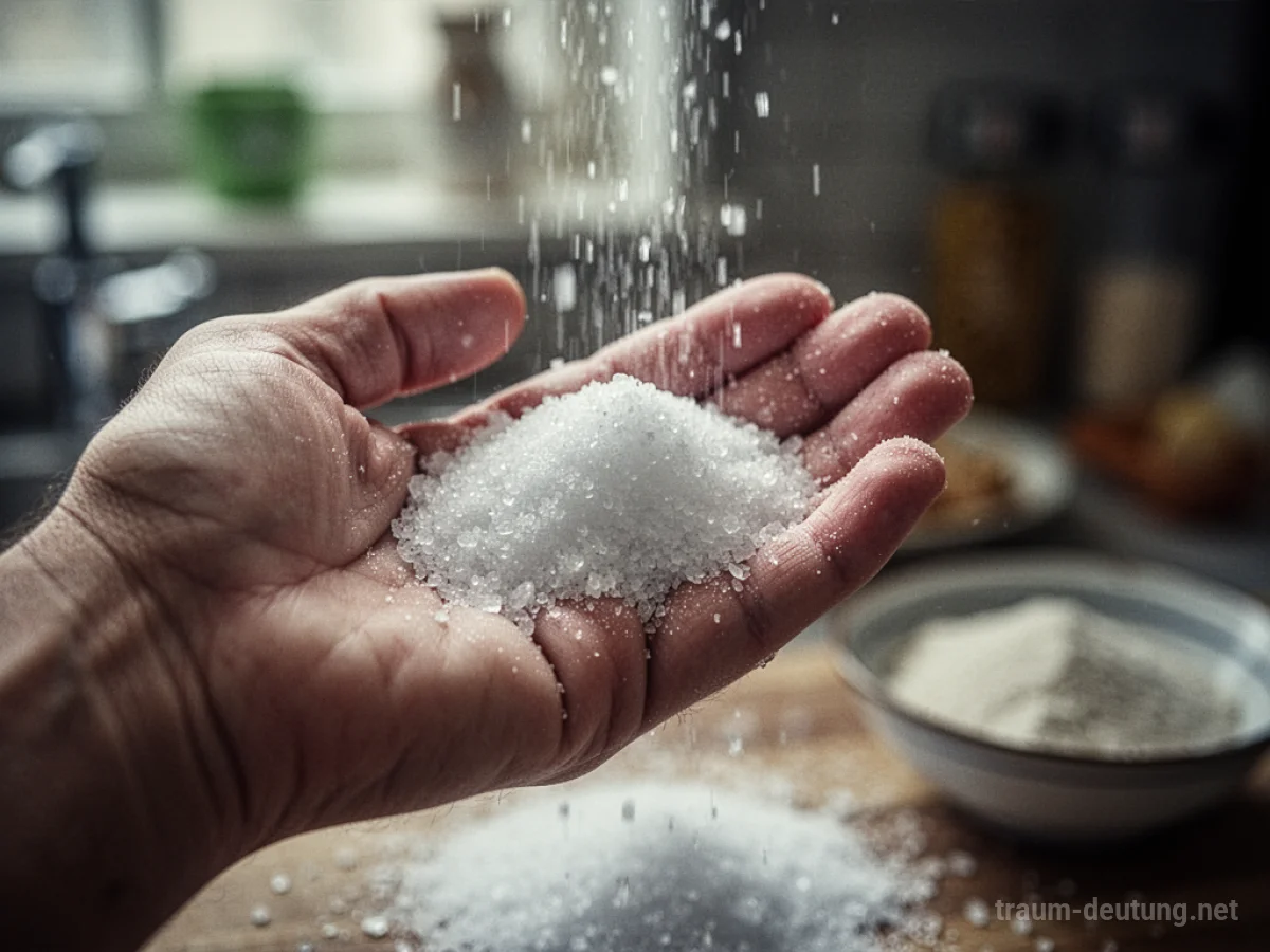 Eine Hand hält eine kleine Menge Salz in der Nahaufnahme.