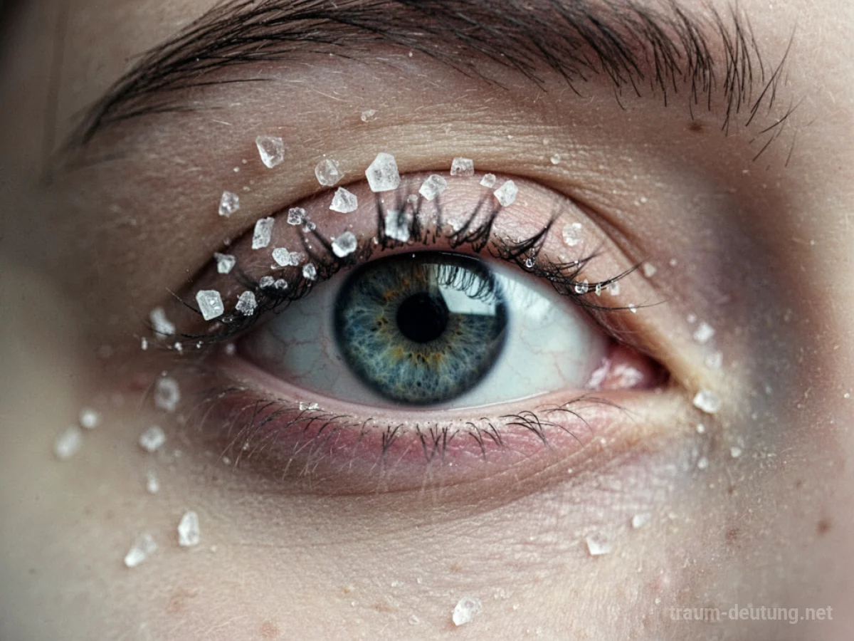 Salz auf Augenlid und Wimpern, mit einem Auge im Fokus