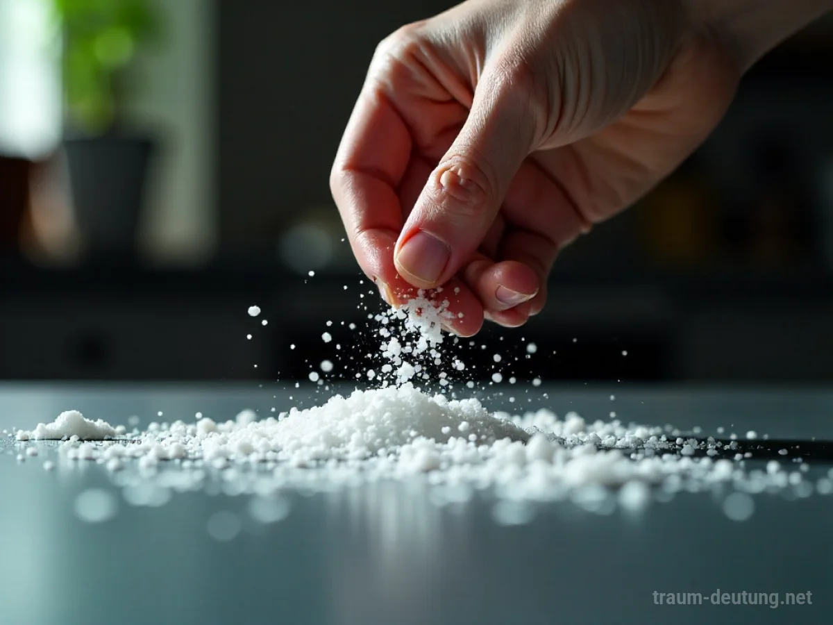 Hand streut Salz auf dunkle Fläche