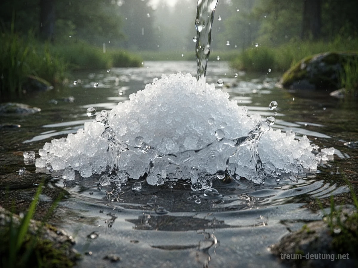 Salzkristalle verwandeln sich langsam in klares Wasser, umgeben von Natur.