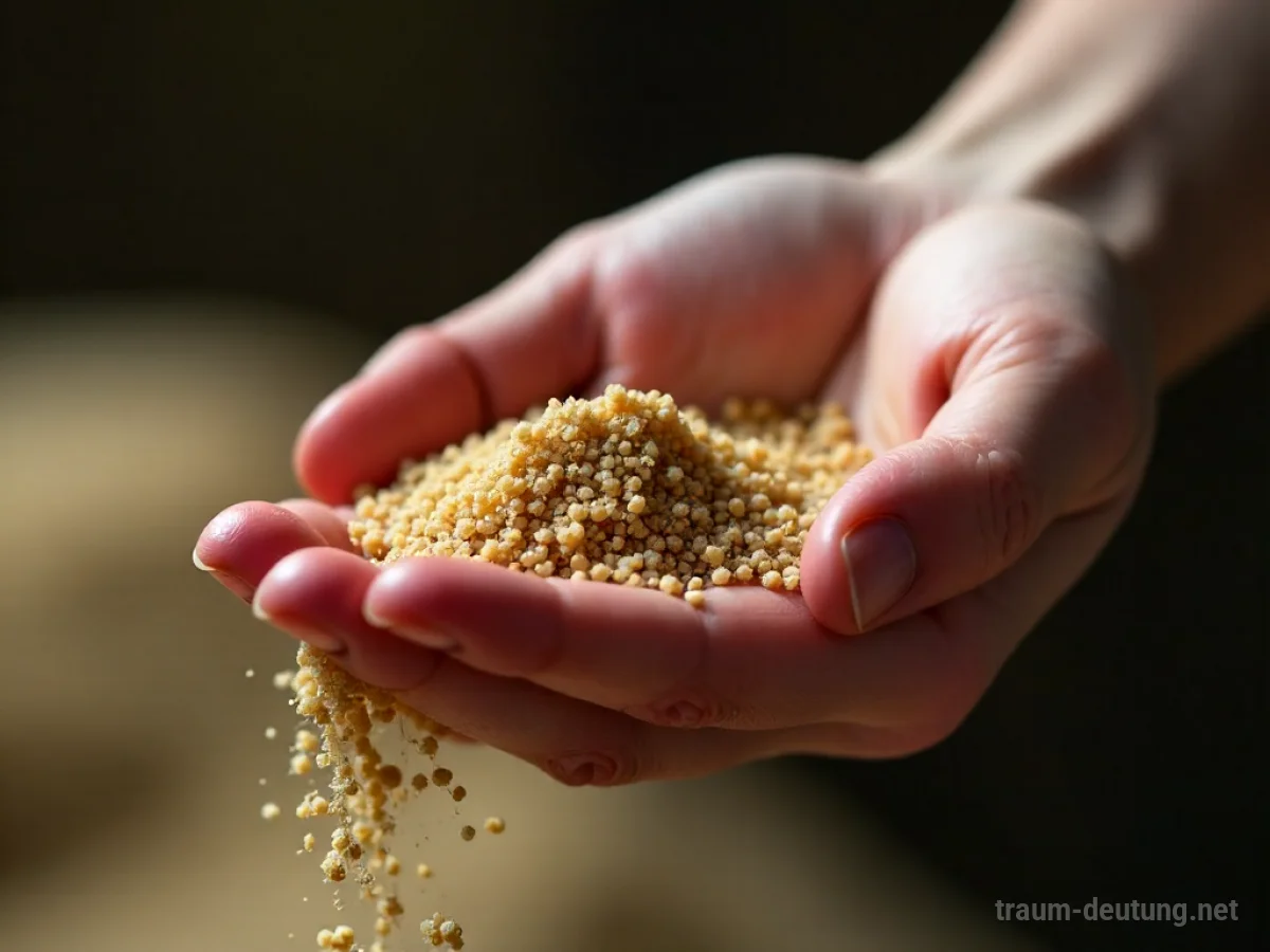 Hand hält Sand, Körner rieseln durch die Finger