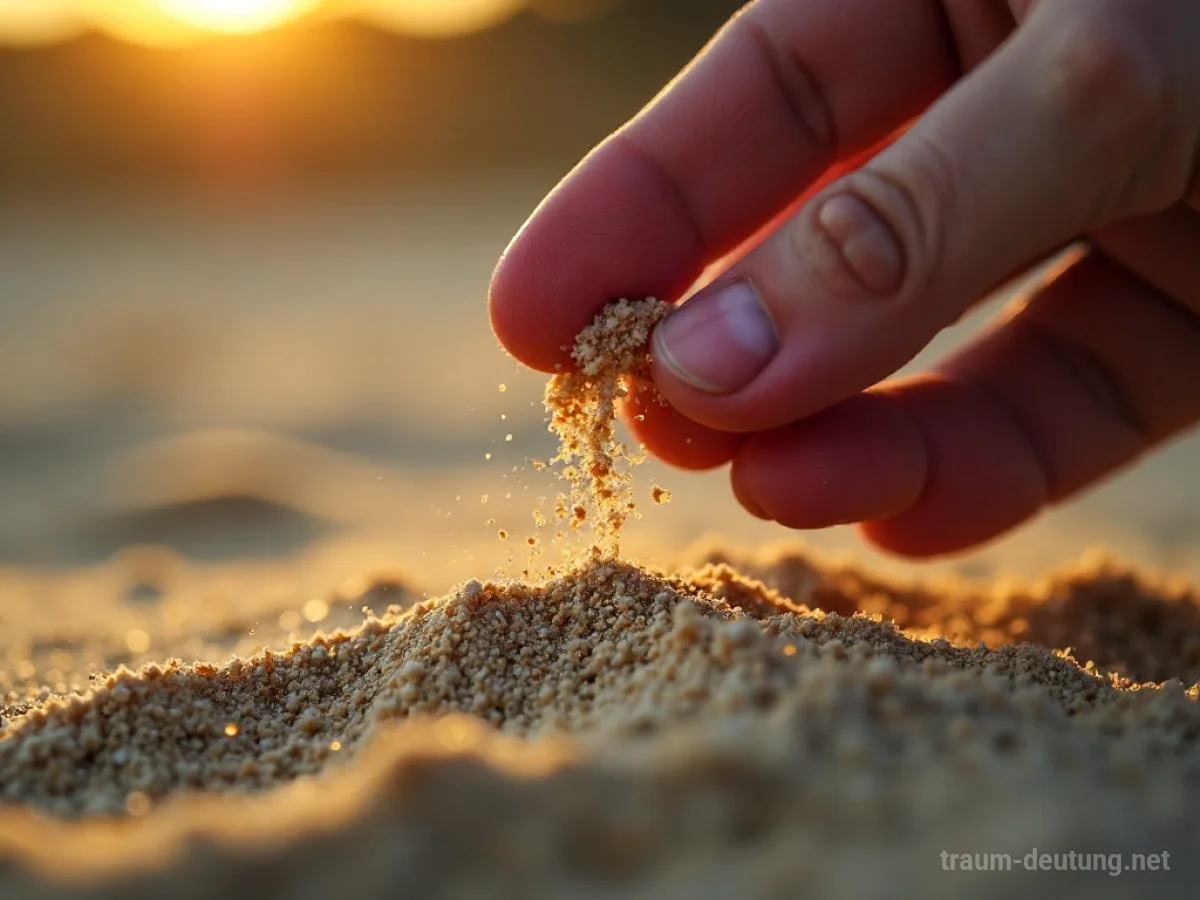 Sand rieselt durch die Finger einer Person.