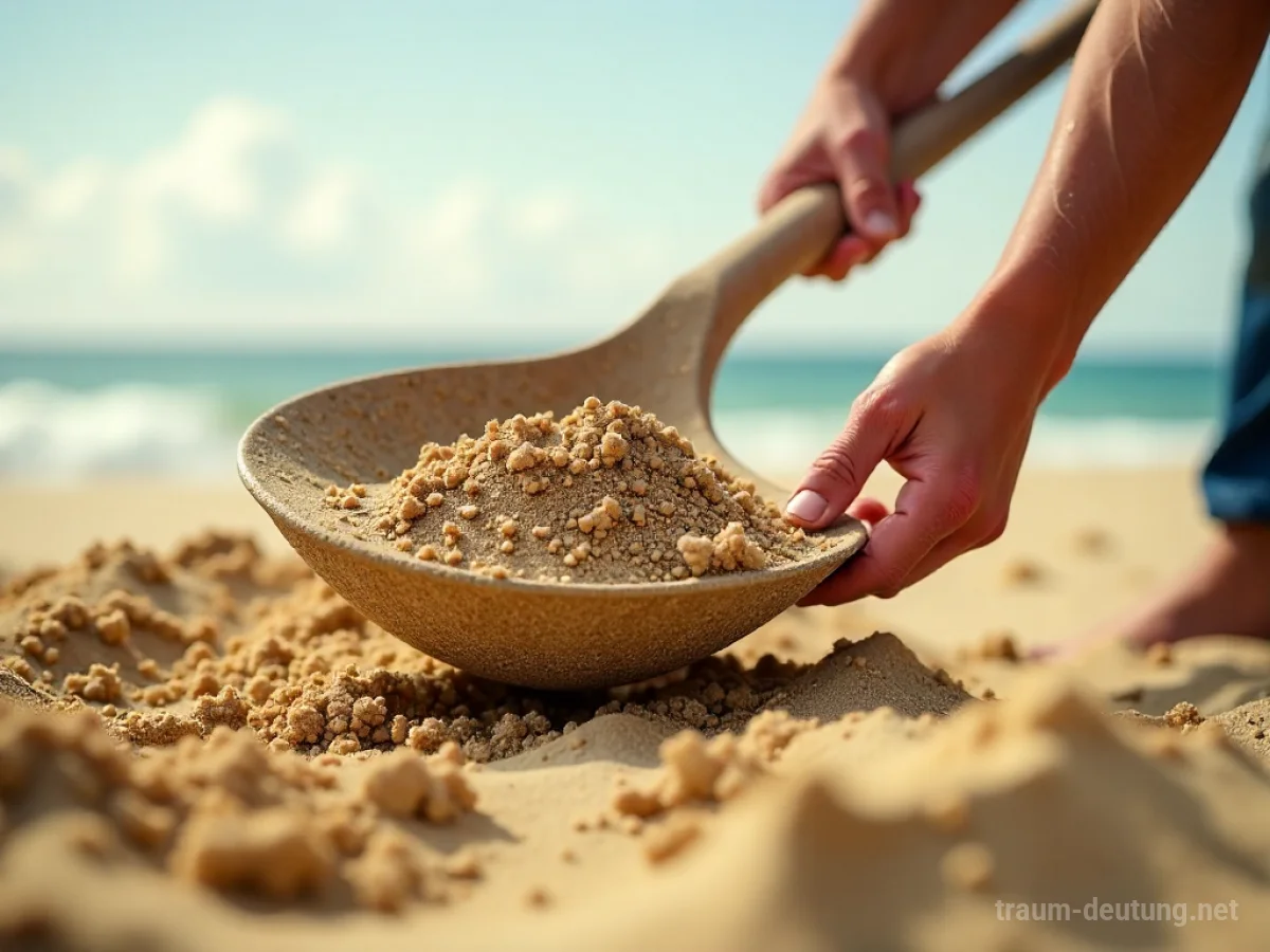 Hände schaufeln Sand von einem Haufen zu einem anderen.