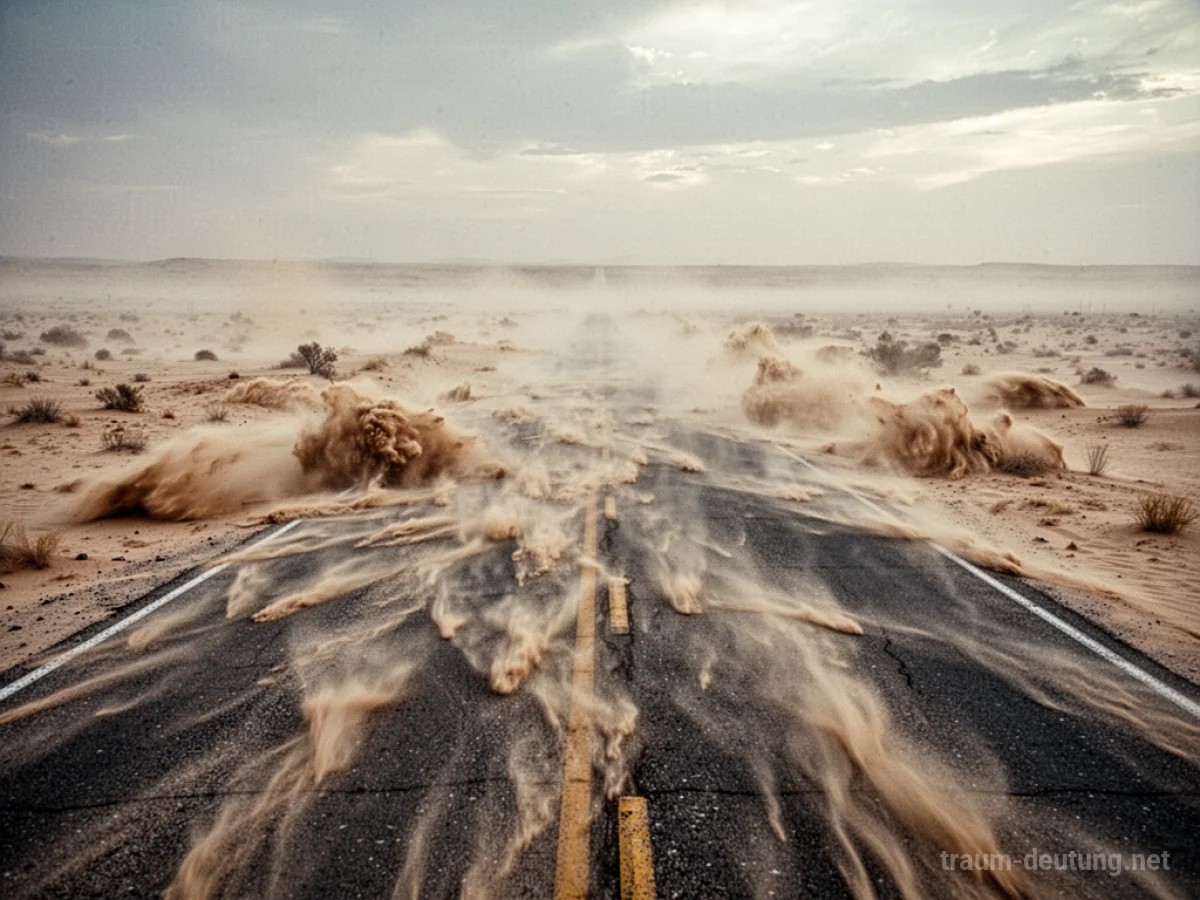 Sand weht über eine asphaltierte Straße in einer weiten, leeren Landschaft.