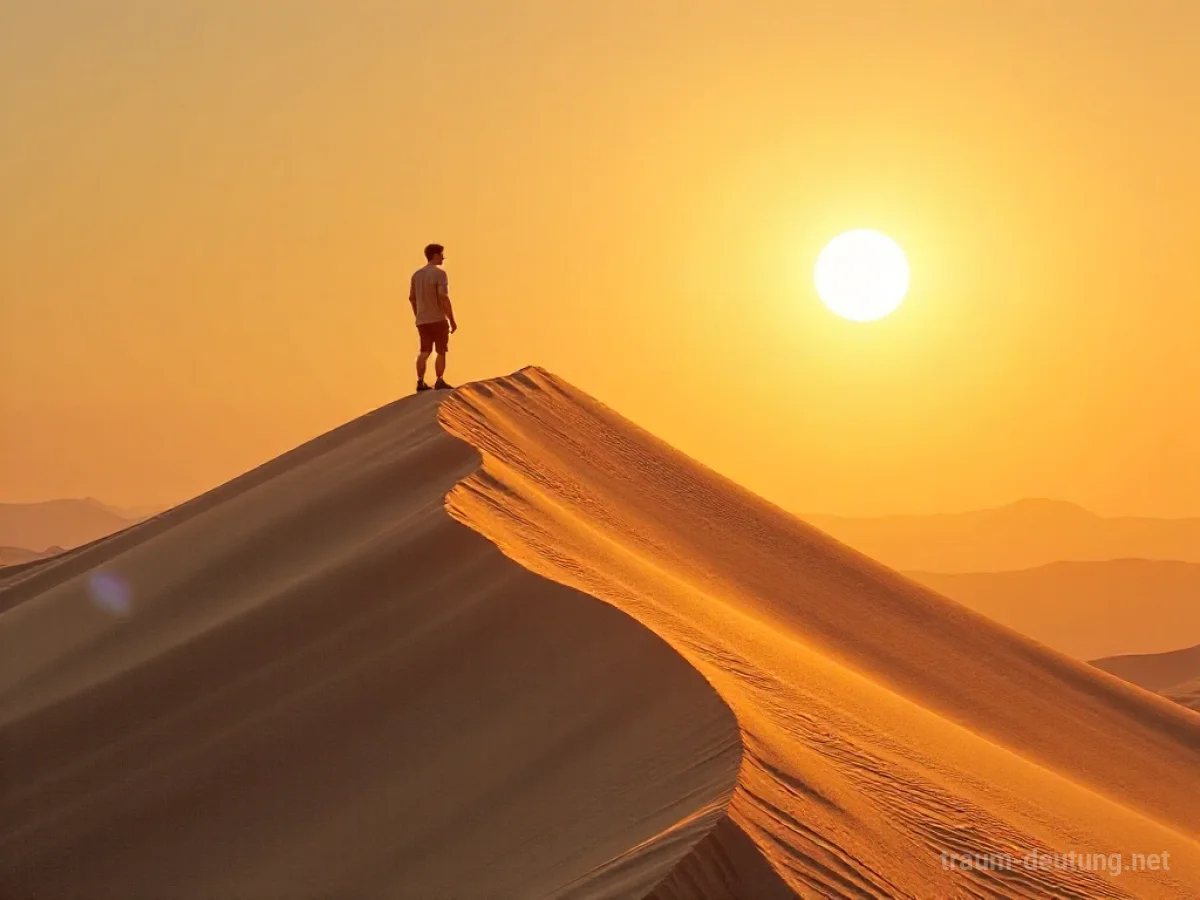 Eine Person erklimmt eine hohe Sanddüne im hellen Sonnenlicht.