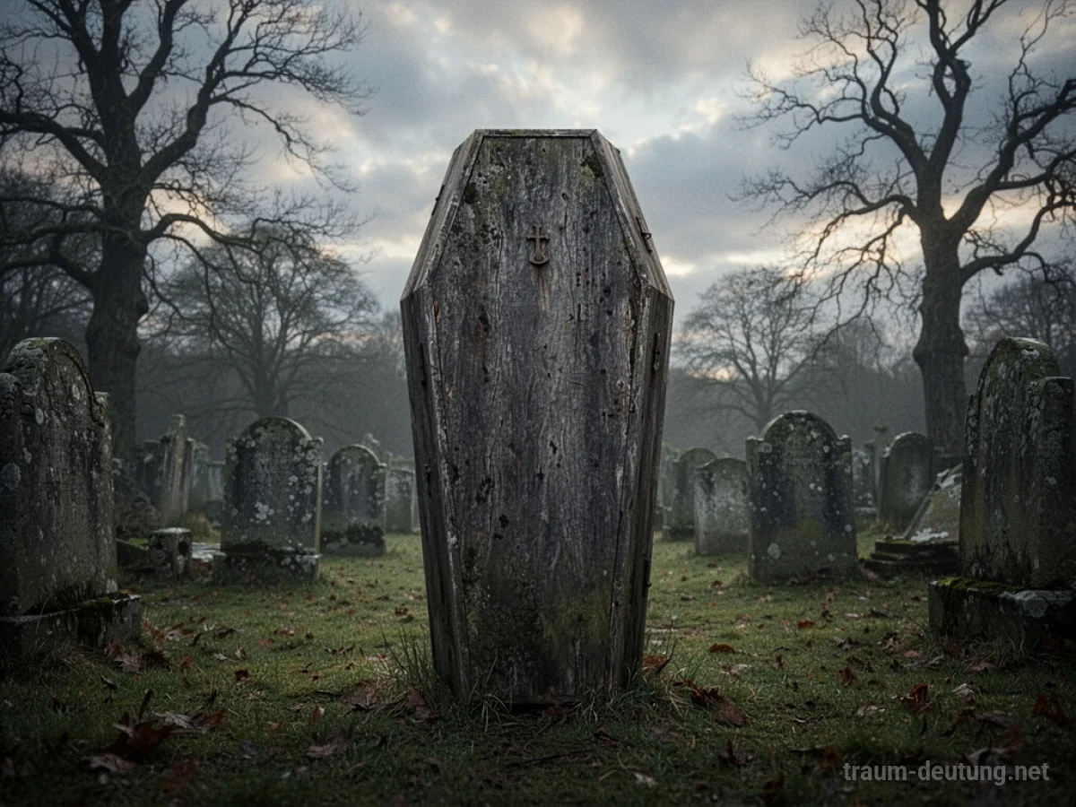Sarg steht allein auf einem Friedhof bei Dämmerung