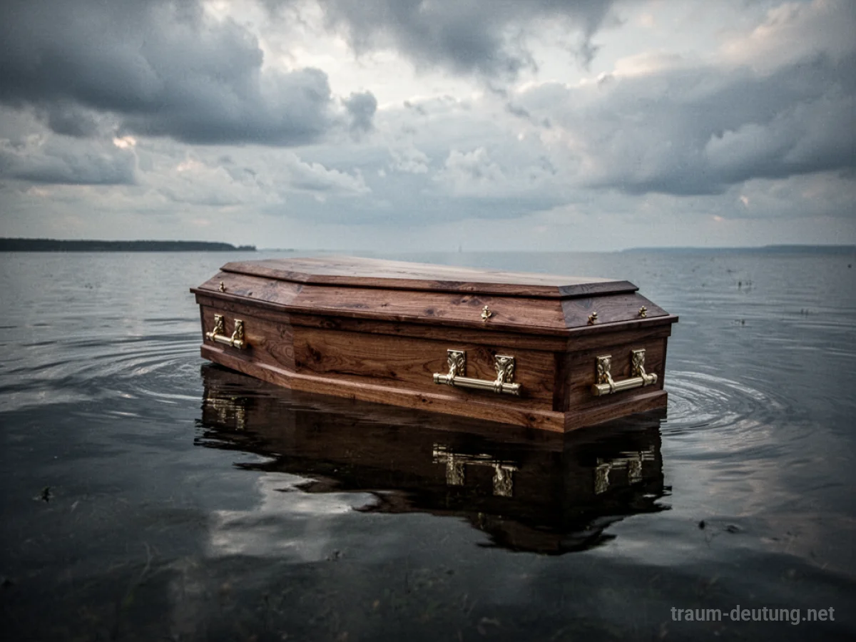 Ein Sarg treibt auf ruhigem, dunklem Wasser unter bewölktem Himmel.