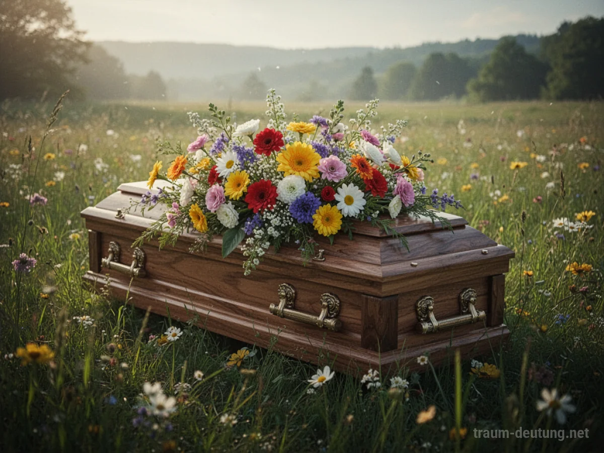 Ein mit Blumen geschmückter Sarg in einer friedlichen Umgebung.
