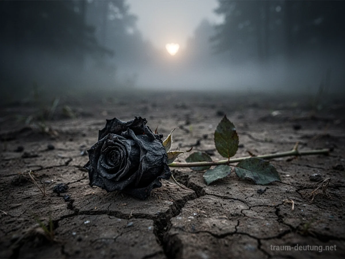 Verwelkte schwarze Rose auf rissigem Boden liegend