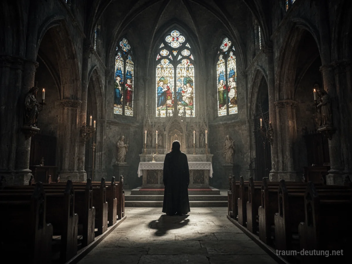 Symbolfigur des Satans steht in einer dunklen Kirche am Altar