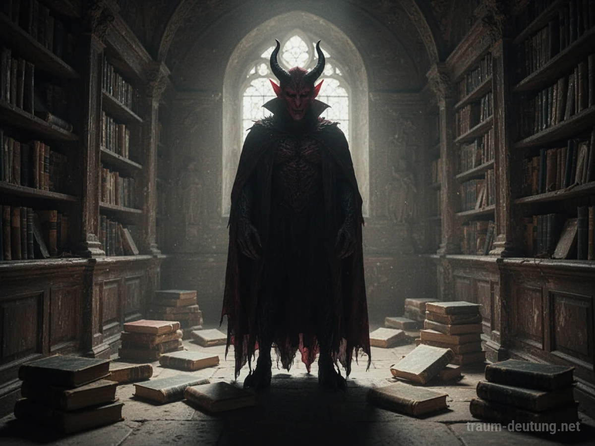 Schattenhafte Figur, die Satan ähnelt, steht in einer dunklen Bibliothek.