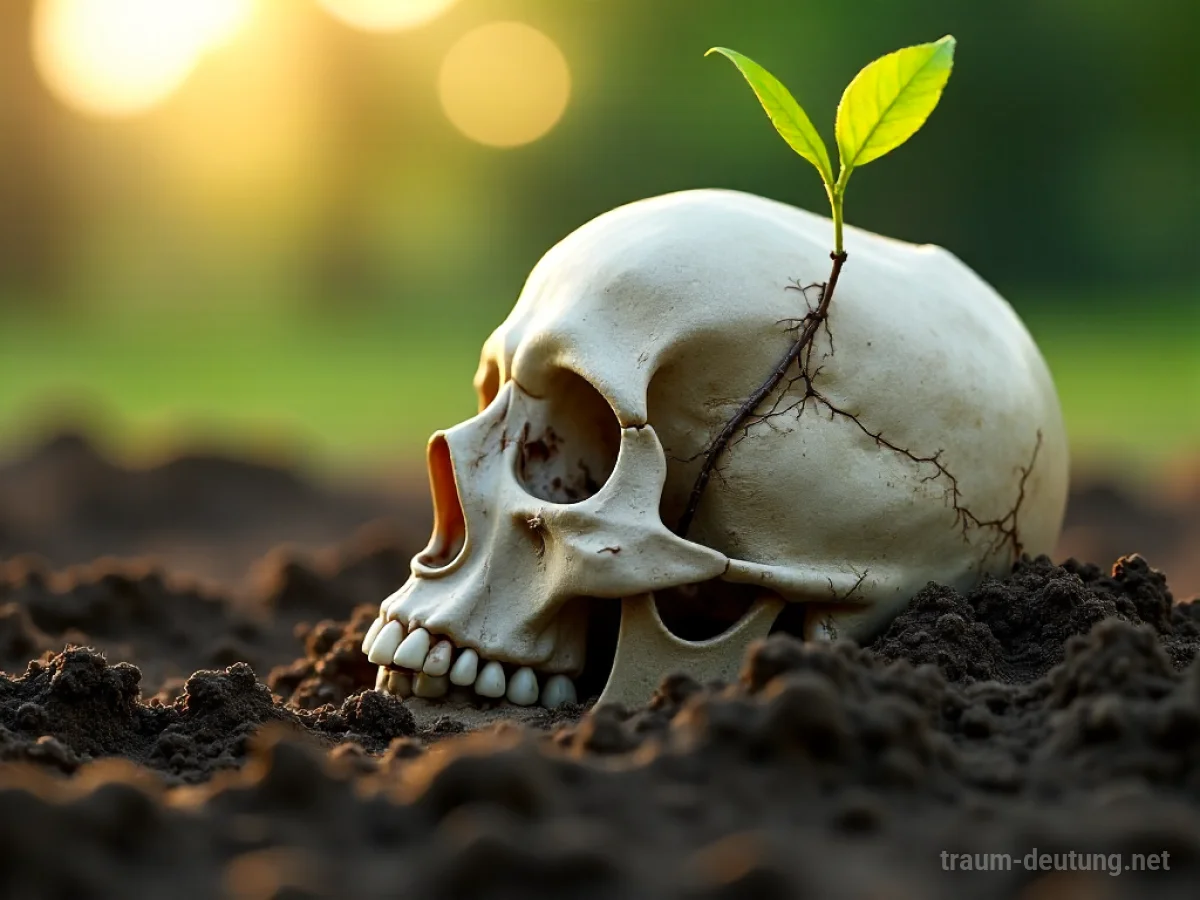 Ein menschlicher Schädel, halb in der Erde vergraben, mit einem jungen Pflanzentrieb, der aus der Augenhöhle wächst.