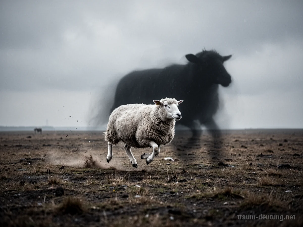 Ein Schaf rennt über ein Feld, verfolgt von einem Schatten