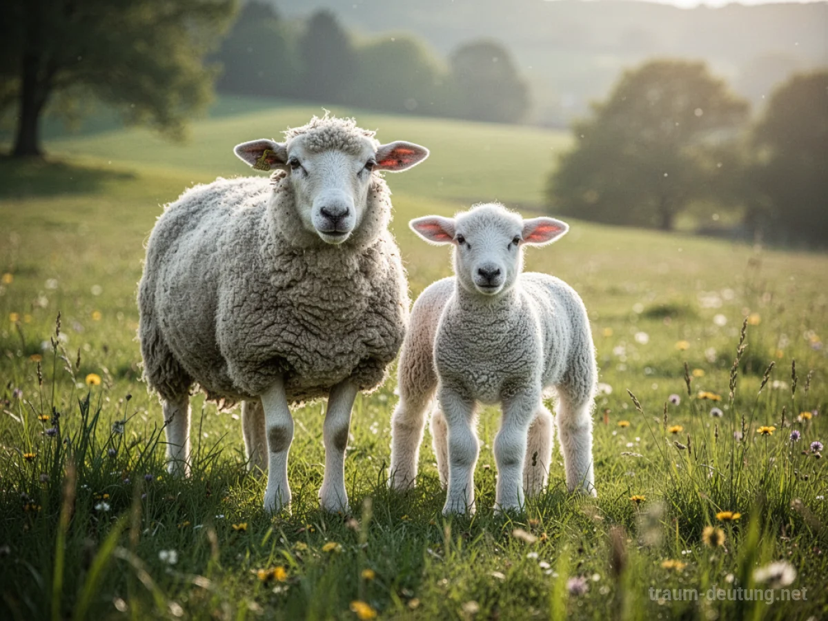 Schaf mit seinem Lamm auf einer grünen Wiese.