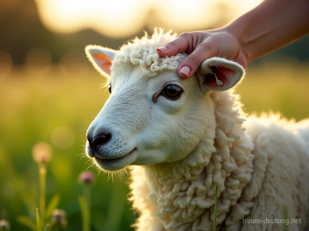 Hand streichelt weißes Schaf im Gras