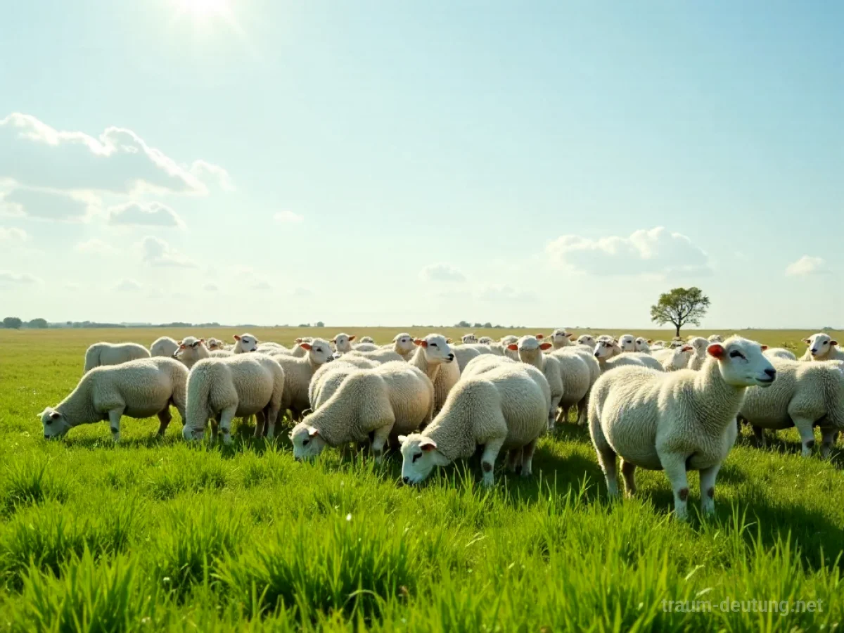 Eine große Schafherde auf einer grünen Wiese unter blauem Himmel