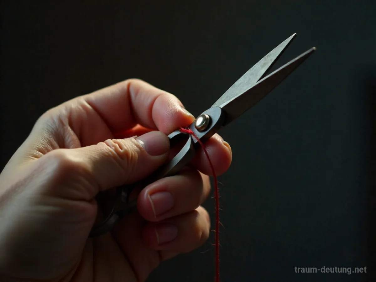 Hand hält scharfe Schere, bereit einen Faden zu durchtrennen