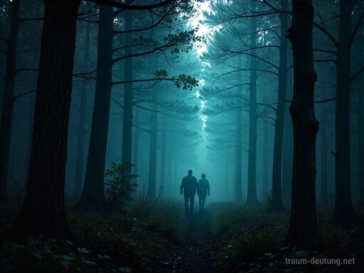 Schattenhafte Gestalten zwischen Bäumen in einem dunklen Wald