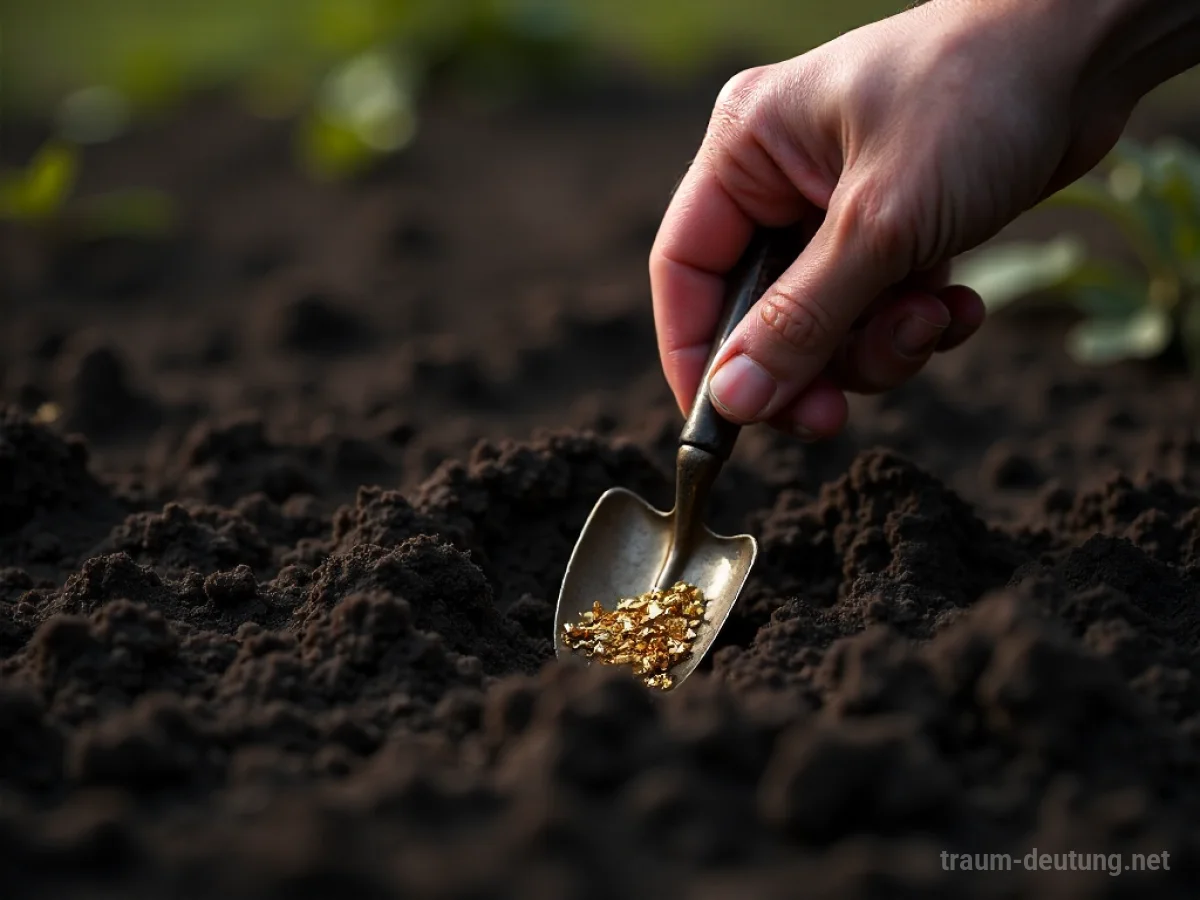Hand gräbt nach Schatz im Boden, Gold schimmert hervor