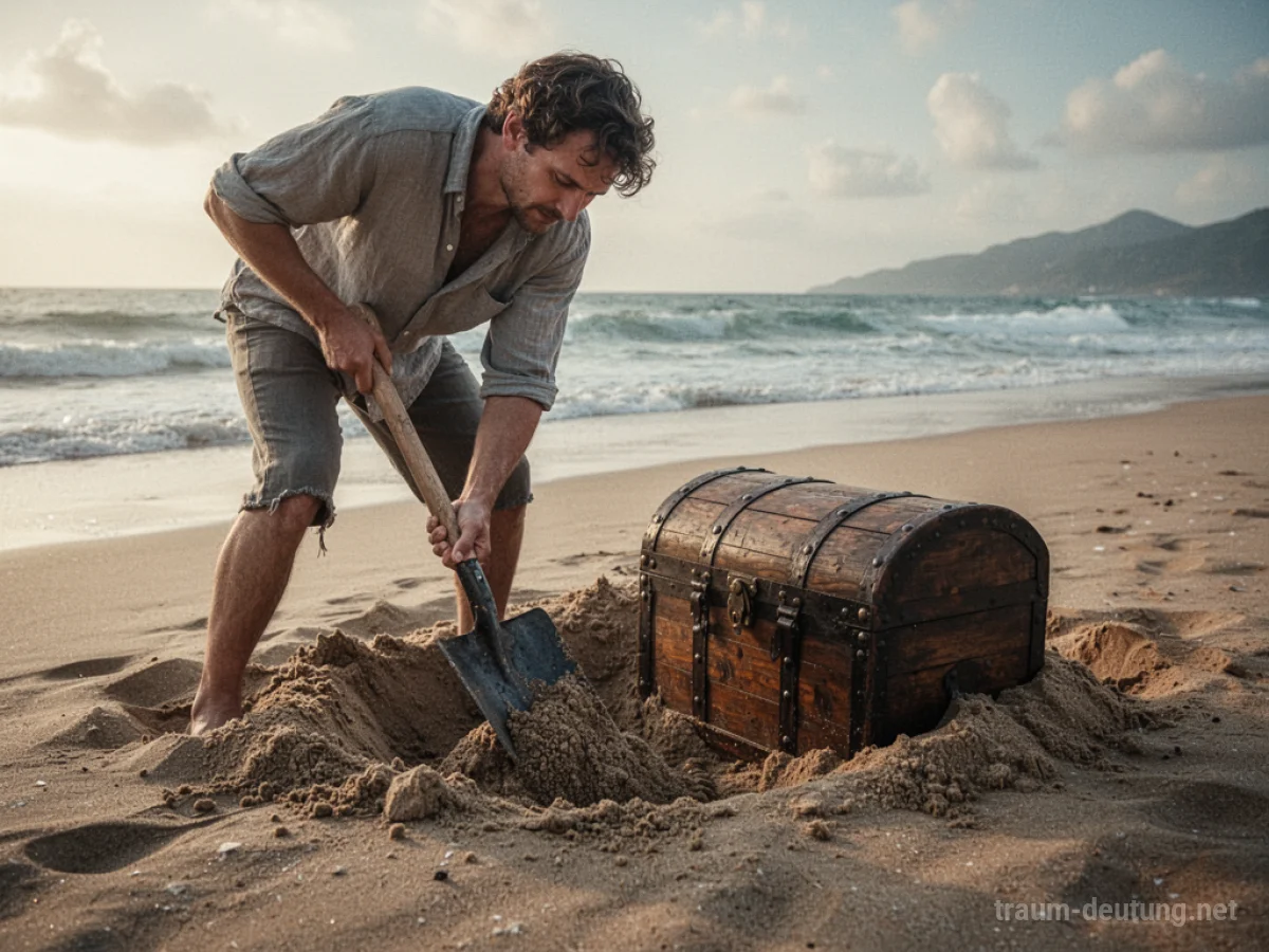 Eine Person gräbt mit einer Schaufel am Strand nach einem Schatz.