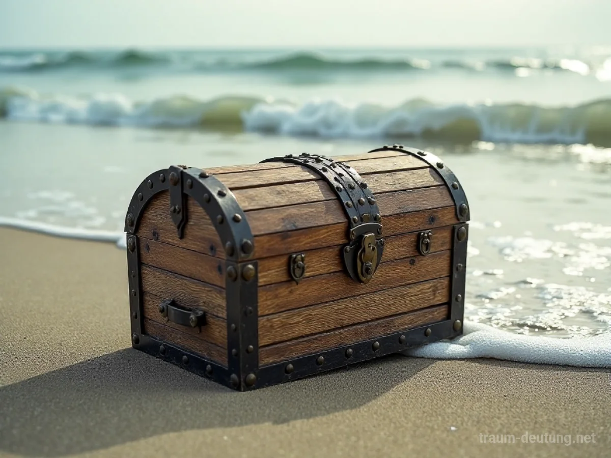 Leere Schatzkiste am Strand, von der Flut umspült.