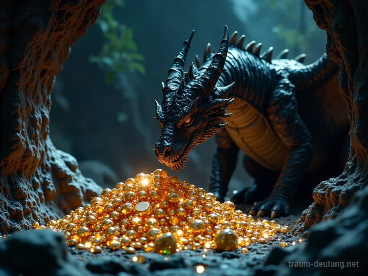 Ein Drache bewacht einen riesigen Schatz in einer Höhle.