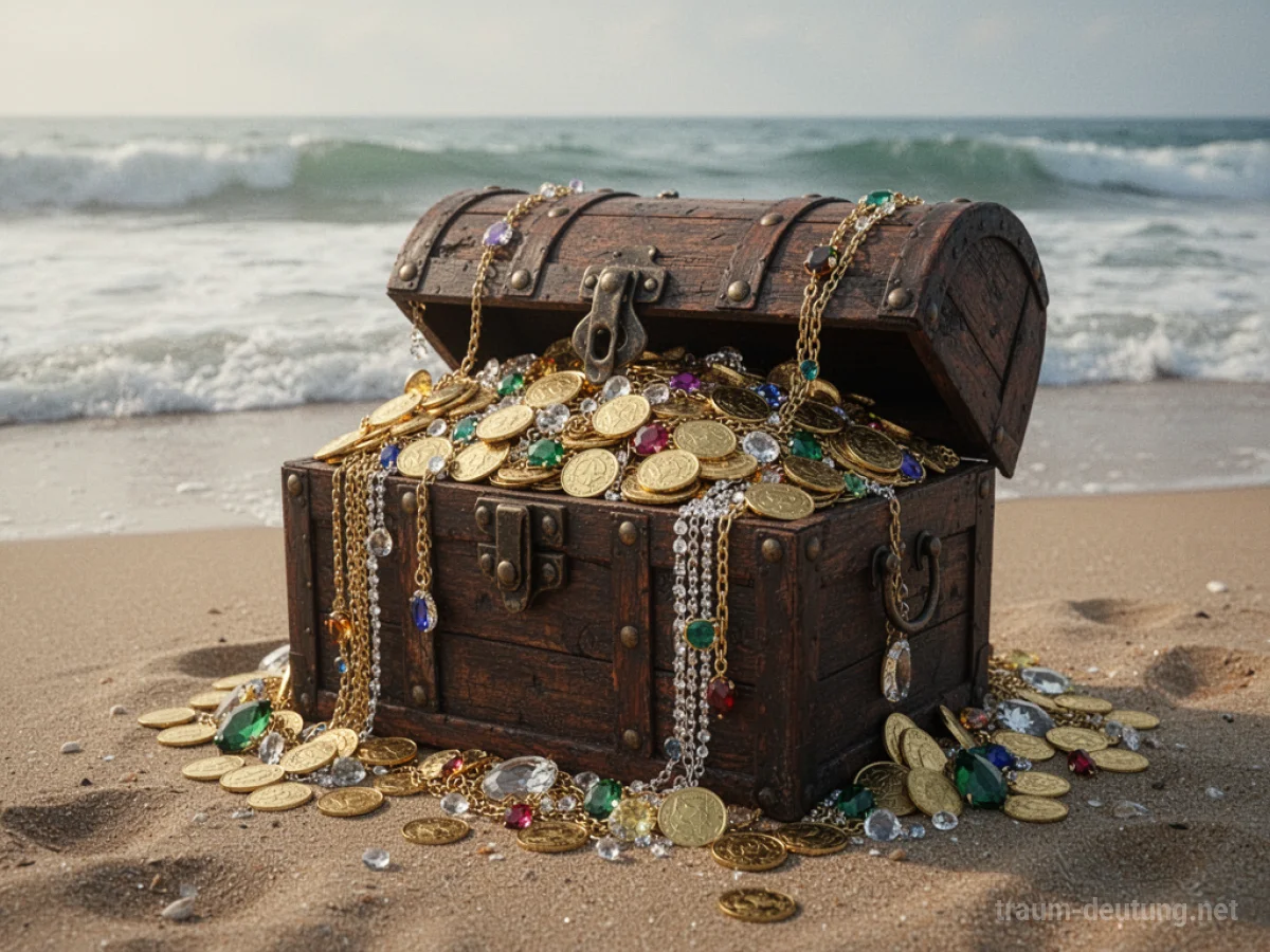 Eine alte Holztruhe voller Goldmünzen und Juwelen am Strand.