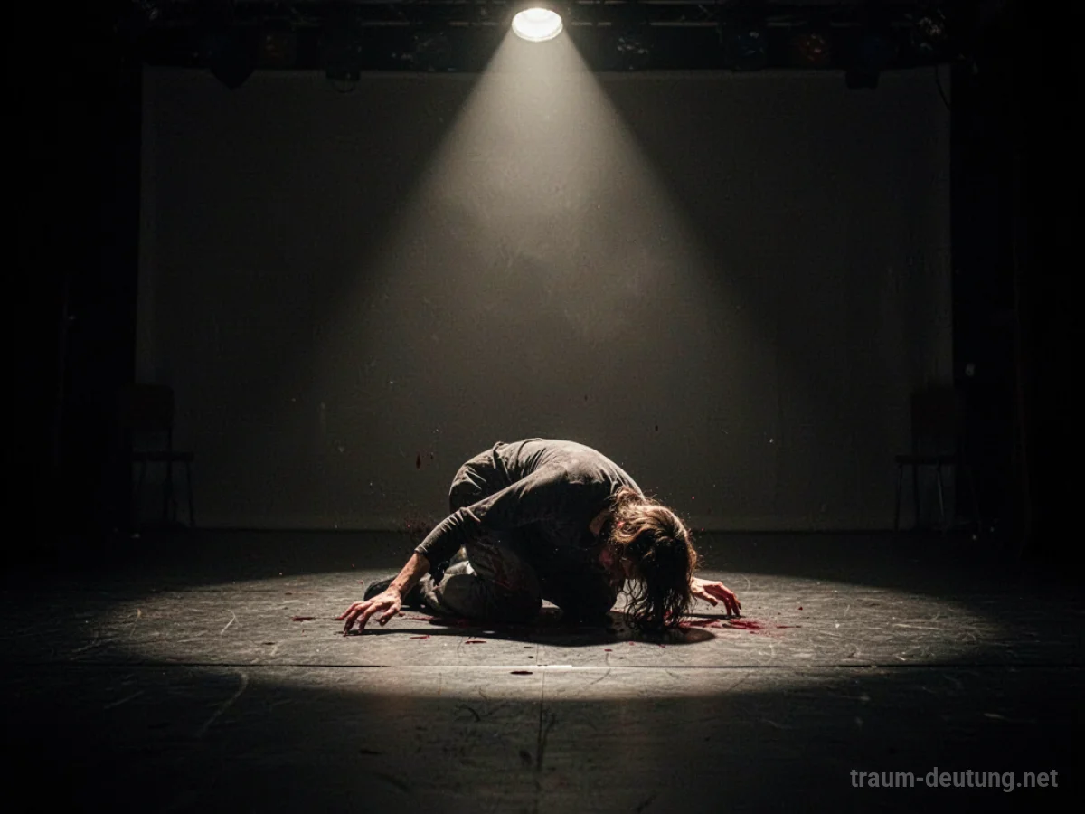 Silhouette eines Schauspielers, der auf einer Bühne zusammenbricht