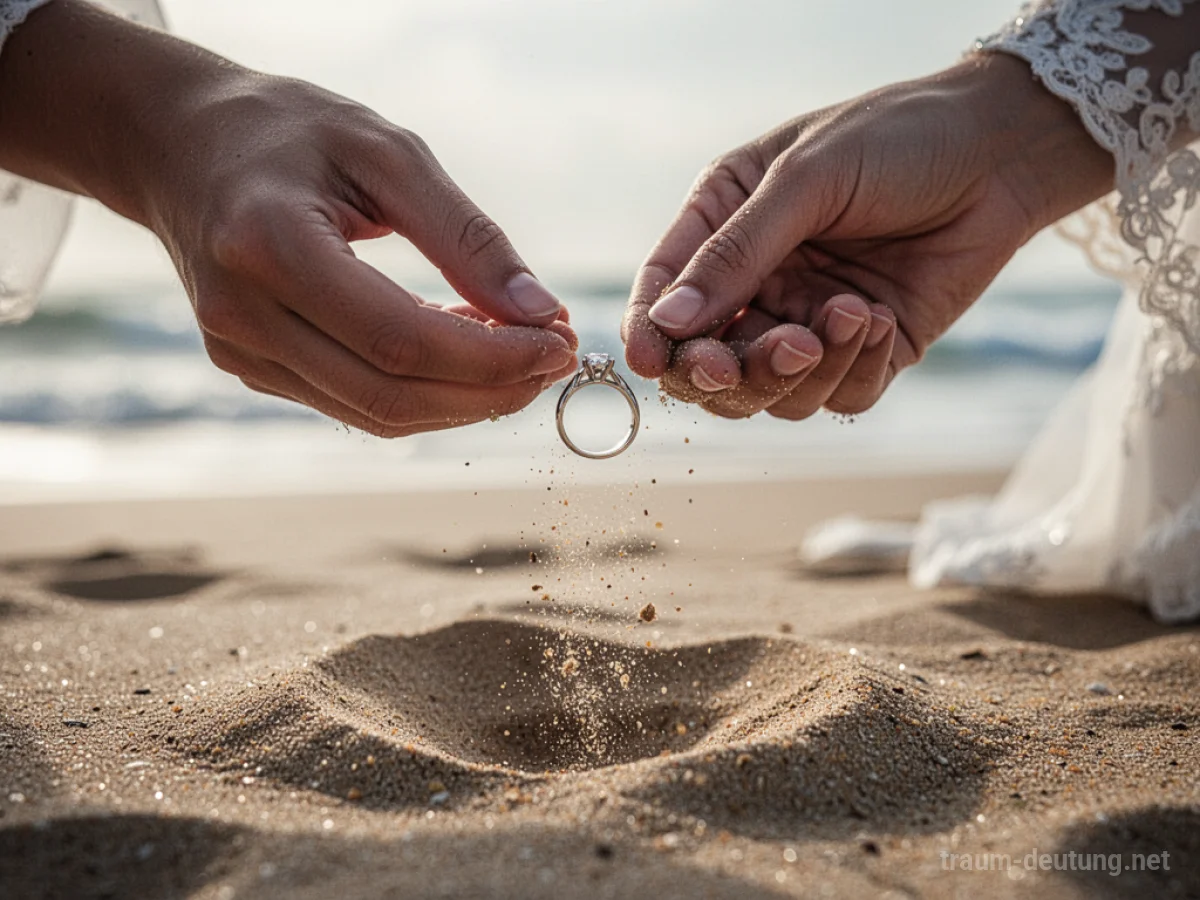 Ehering fällt aus zwei Händen in den Sand