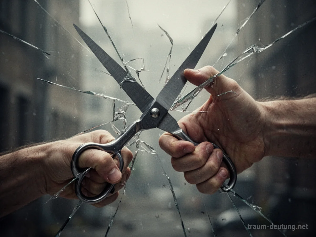 Eine stilisierte Schere wird als Waffe gehalten, was innere Anspannung symbolisiert.