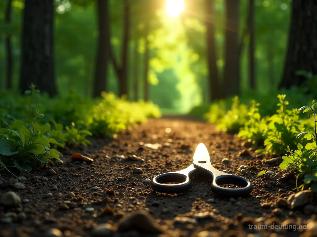 Eine Schere liegt auf einem Weg, der in einen hellen Wald führt.