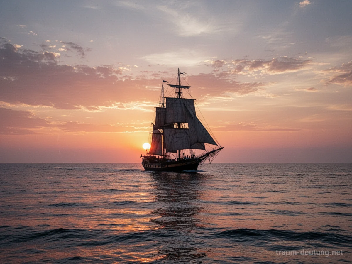 Segelschiff am Horizont im Morgengrauen.