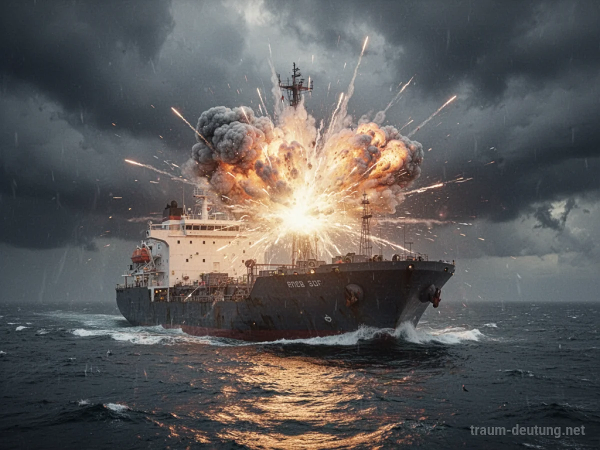 Ein explodierendes Schiff auf dem Wasser mit Rauch und Licht auf einem stürmischen Himmel.