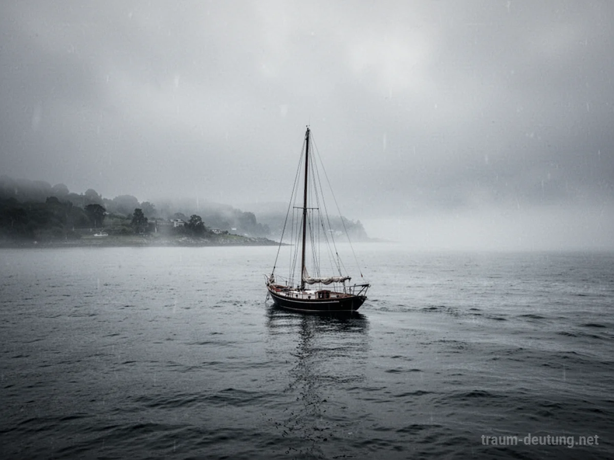 Ein leeres Segelschiff treibt auf nebliger See vom Ufer weg.
