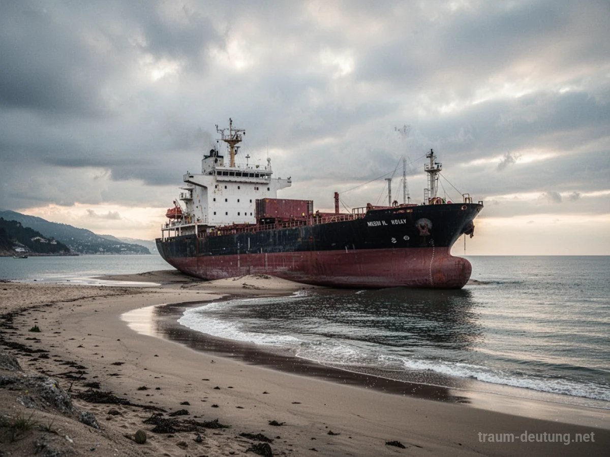 Ein gestrandetes Schiff auf einer Sandbank nahe der Küste.