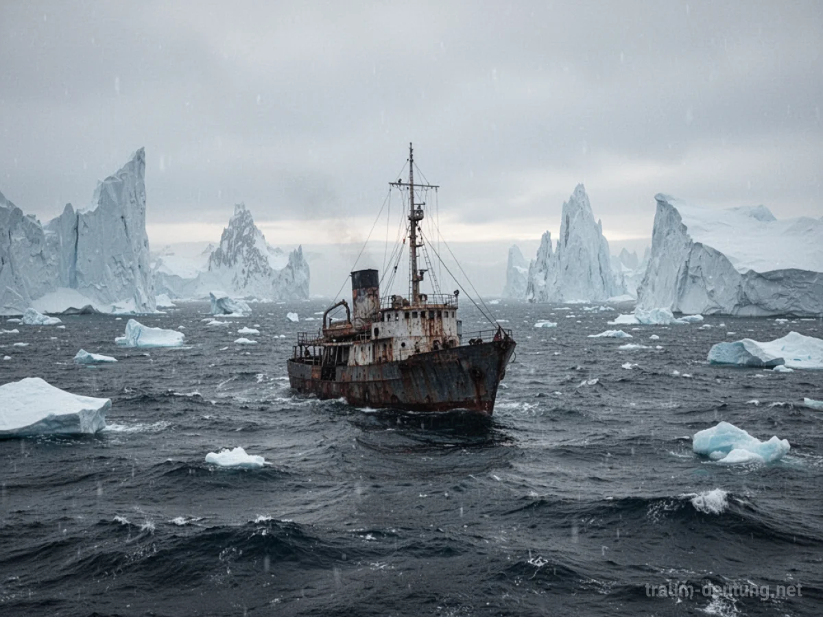 Ein einsames Schiff treibt im Eismeer zwischen Eisbergen.