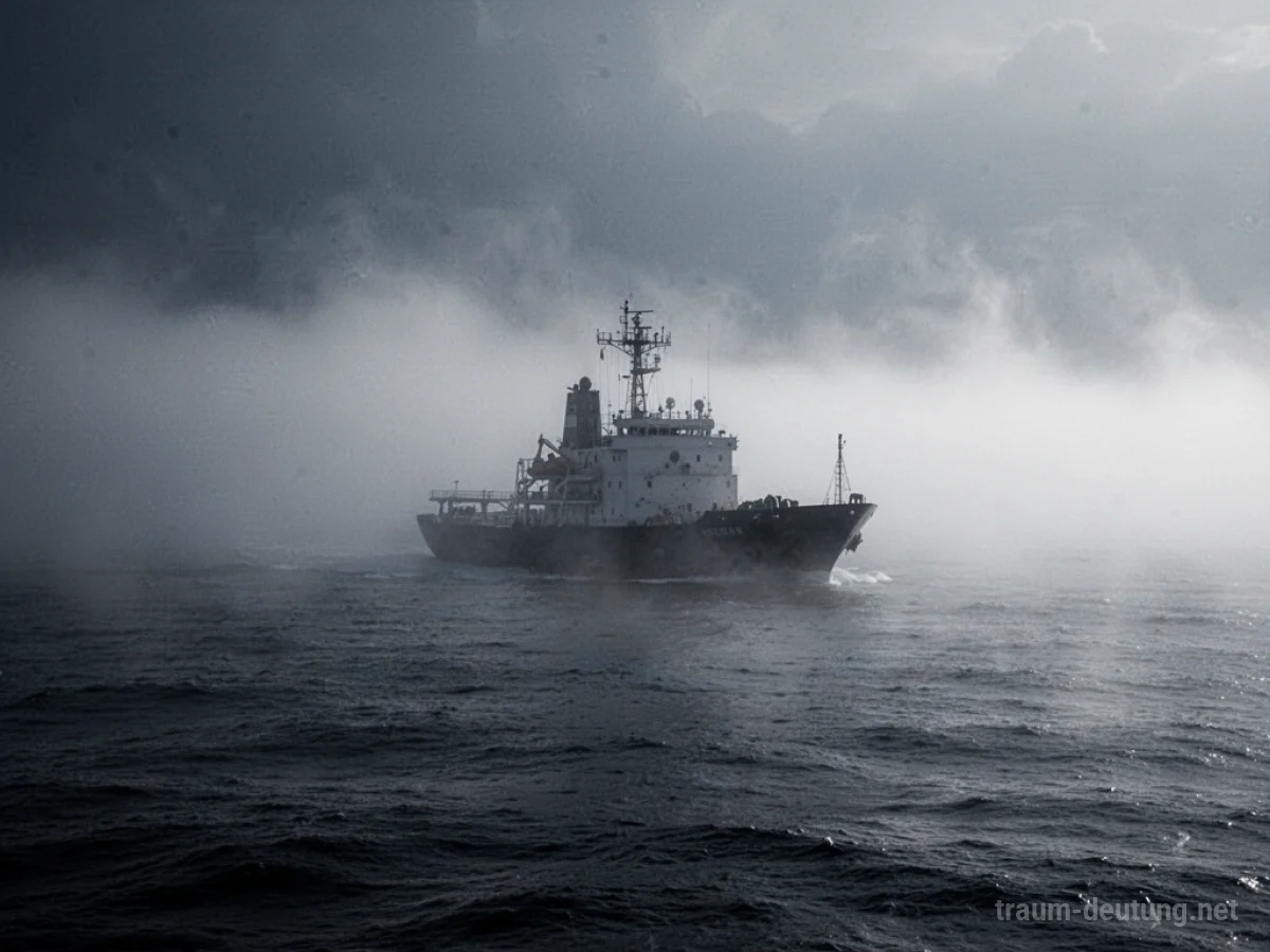 Ein Schiff navigiert durch dichten Nebel auf dem Meer.
