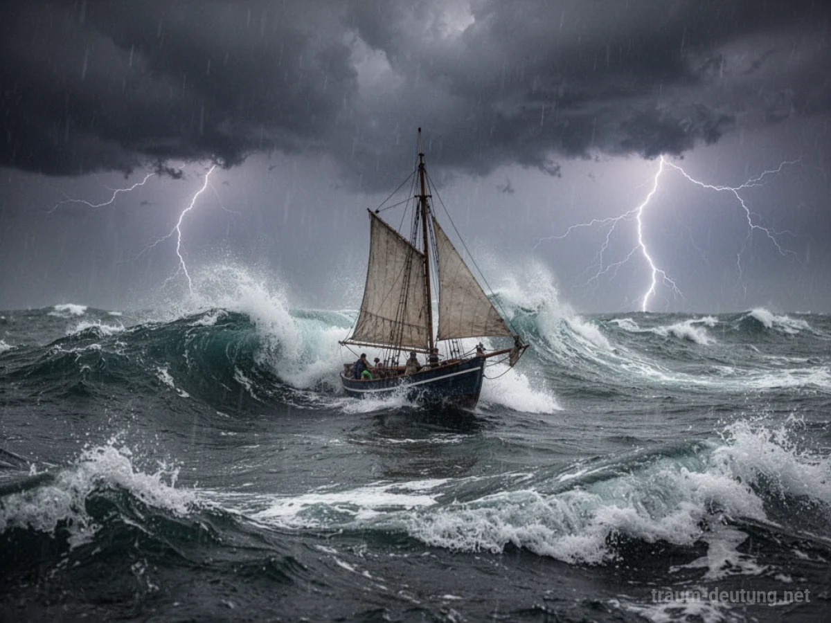 Ein Schiff kämpft sich durch einen heftigen Sturm auf hoher See mit hohen Wellen.
