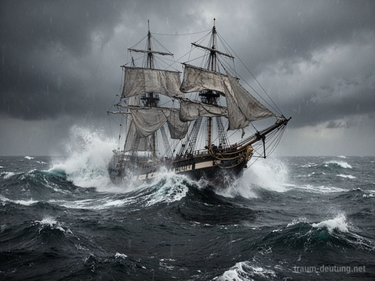 Ein großes Segelschiff kentert in stürmischer See unter bewölktem Himmel