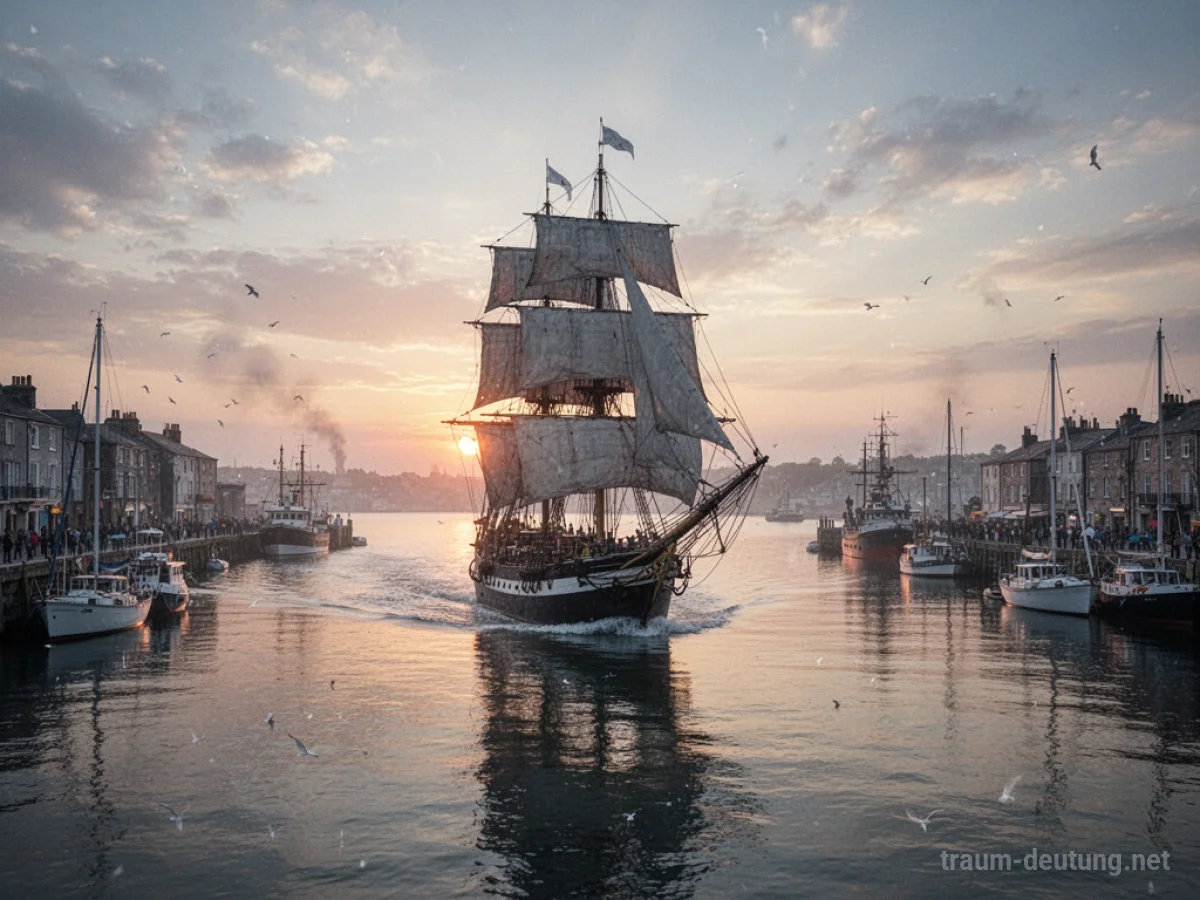 Ein großes Segelschiff nähert sich einem ruhigen Hafen im Morgengrauen.