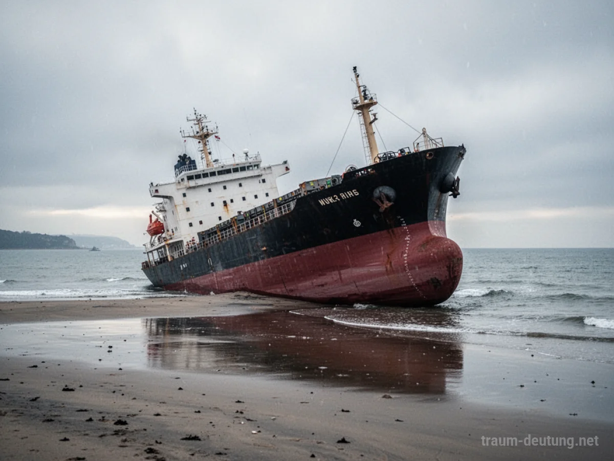 Ein großes Schiff sitzt fest auf einem Sandstrand nahe der Küste.