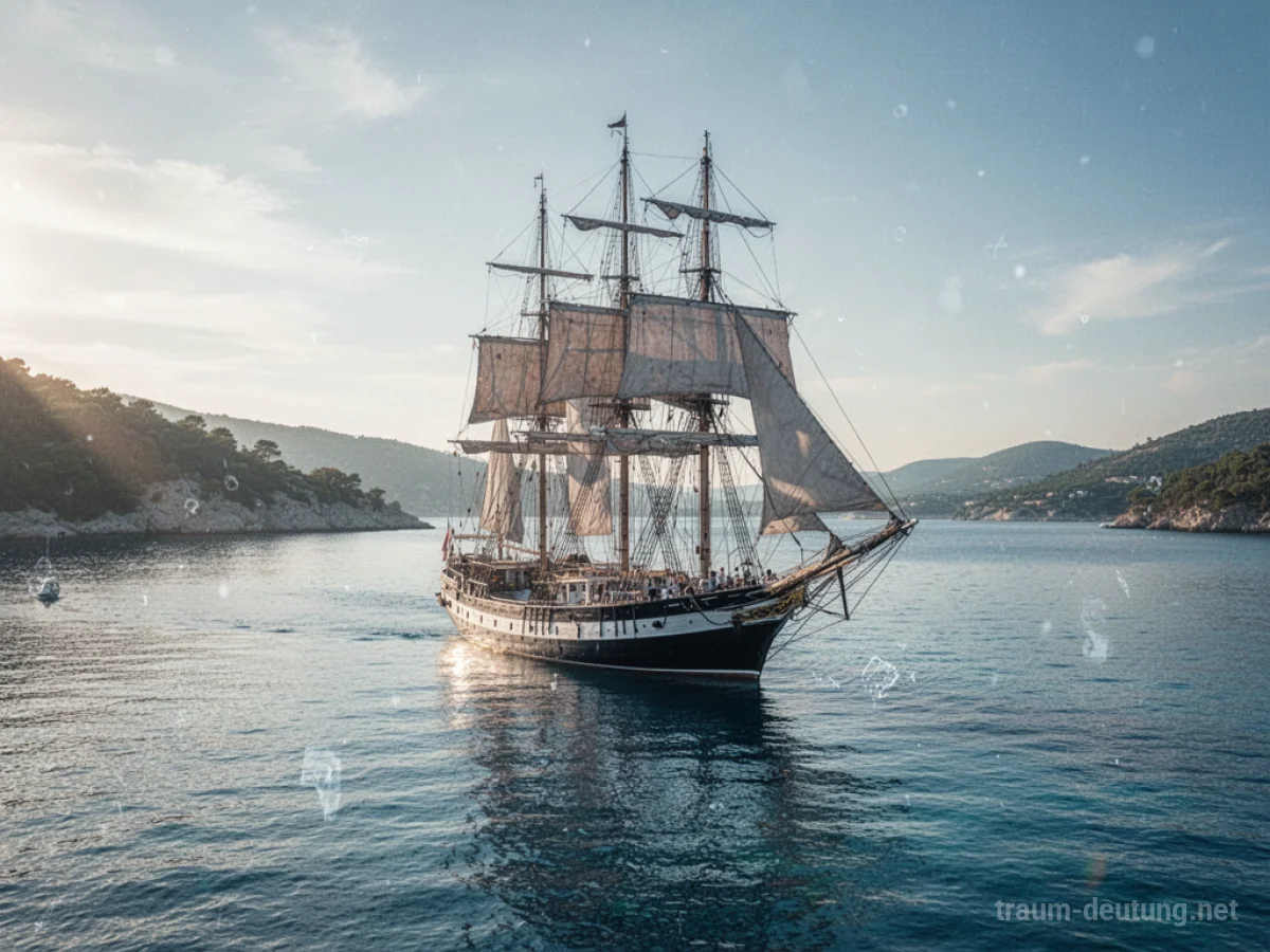 Ein großes Segelschiff liegt vor Anker in ruhigem, blauem Wasser vor einer Küste.