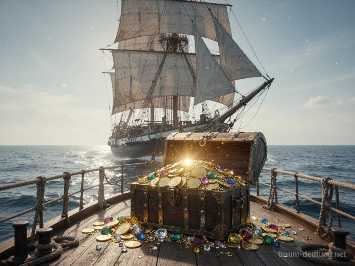 Ein großes Segelschiff mit einer Schatztruhe voller Gold auf dem Deck.