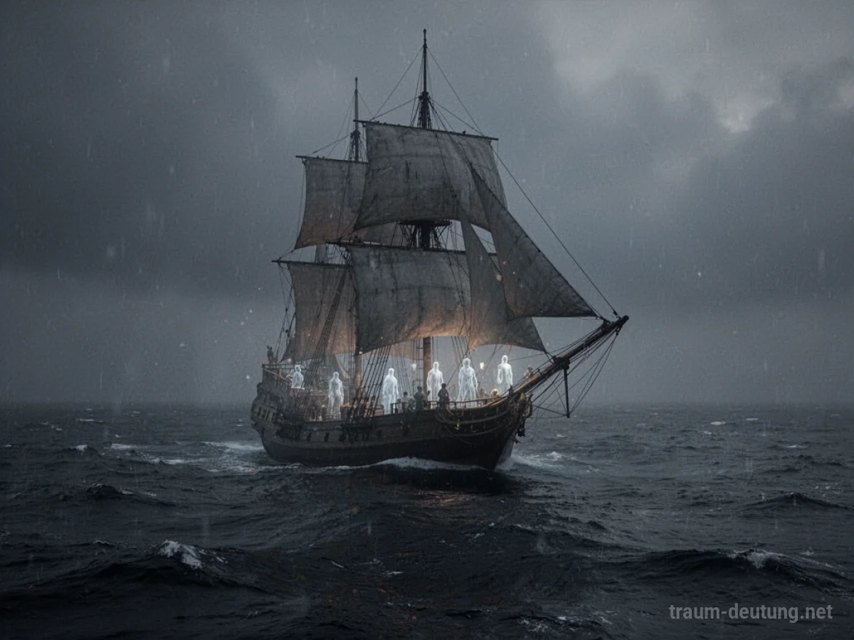 Ein schemenhaftes Schiff auf nebliger See mit schemenhaften Figuren an Deck.