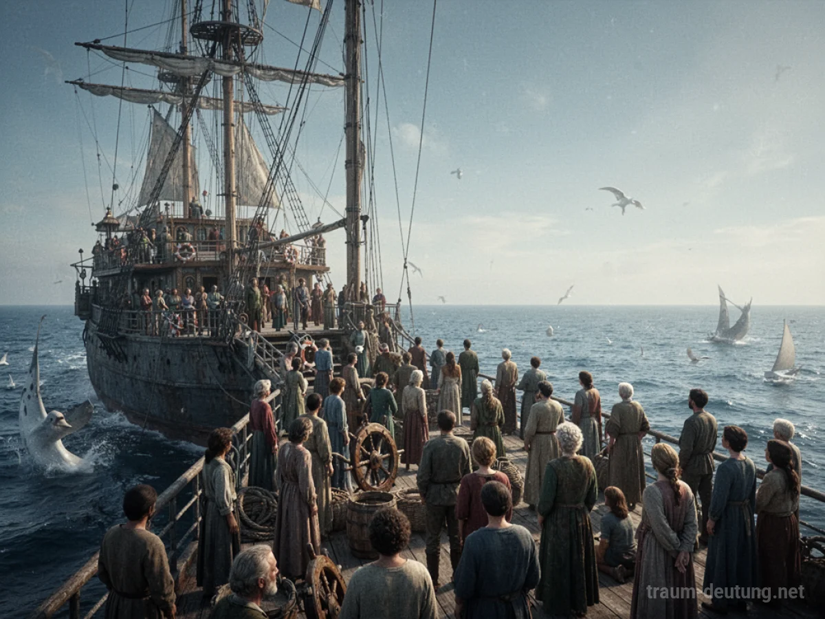 Ein großes Schiff mit vielen Menschen an Bord fährt auf dem Meer.