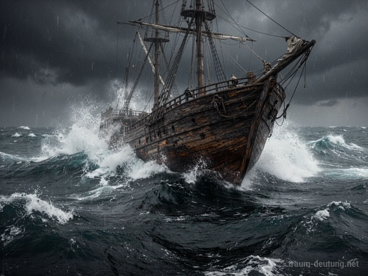 Ein altes Schiff sinkt in stürmischer See unter bewölktem Himmel.